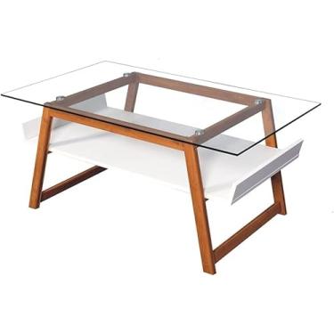 Imagem de Mesa de centro para sala de estar e mesa lateral em elegante tampo de vidro misto com moldura natural e área de armazenamento pintada de branco