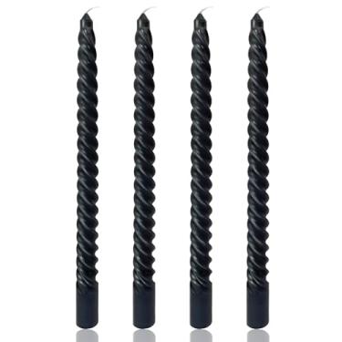 Imagem de Velas cônicas em espiral pretas de 25 cm para decoração de casa de Halloween, pacote com 4 castiçais torcidos para rituais wiccanos funerários e serviços memoriais