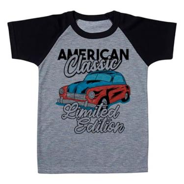 Imagem de Camiseta Raglan Infantil Cinza Carro Vintage Retro American Classic Azul Vermelho (BR, Numérico, 12, Regular, Polialgodão)