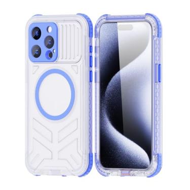 Imagem de POCHY Capa magnética para iPhone 15 Pro Max/15 Pro/15 Plus/15, IP68, à prova d'água, à prova de poeira, fosco translúcido, cobertura total, cobertura total, capa, azul, 15ProMax