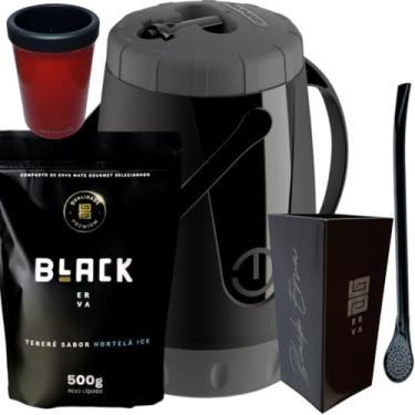 Imagem de Kit Para Tereré Garrafa Lisa Black Erva Mate 500g Copo Cuia Quadrado Acrílico Bomba Clássica Preta (HORTELÃ ICE)