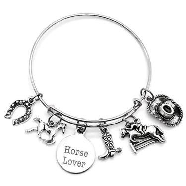 Imagem de Kit's Kiss Pulseira para amantes de cavalos, joias de cowgirl, chapéu de caubói, pingente de ferraduras, instrutores de equitação, presente de treinador de equitação, pulseira de vaqueira, Diameter: