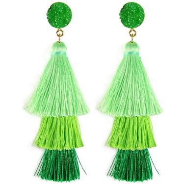 Imagem de Belmarti Brincos de Natal coloridos em forma de árvore de Natal em camadas com borla pendente gota brincos de brinco de droga, festa de feriado, fantasia de Natal, joia para mulheres e meninas Verde