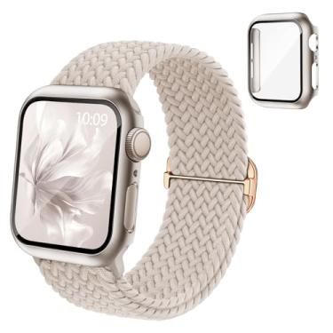 Imagem de Pulseira elástica trançada compatível com relógio Apple e capa de 40 mm, 41 mm, 42 mm, 44 mm, 45 mm, 46 mm, pulseira elástica de nylon e capa protetora com protetor de tela para Apple Watch séries 11