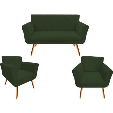 Imagem de Kit Namoradeira + 2 Poltronas Decorativa Sabrina Suede Verde Pés Madei