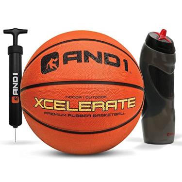 Imagem de AND1 Conjunto de basquete de borracha premium de 3 peças – Inclui bola de basquete oficial tamanho 7 (75 cm) (esvaziada), bomba de bola e garrafa de água de apertar feita para jogos de basquete internos e externos, laranja