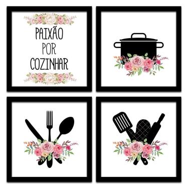 Imagem de Conjunto Quadros Decorativos 4Pç 20X20 Paixão Por Cozinhar 2 Titulo Moldura Preta