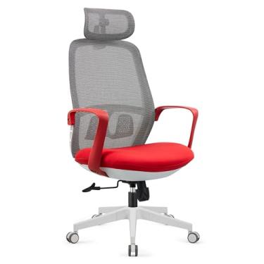 Imagem de Cadeira de Escritório Ergonômica Com Cabeça e Encosto de Cintura, Encosto Alto de Malha e 10cm Almofada Espessa Com Inclinação de 90° e Base Giratória e Altura Ajustável (Vermelho)