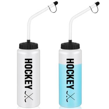 Imagem de Domensi Pacote com 2 garrafas de água esportivas de 1 litro com longa palha hóquei lacrosse de 1 litro garrafa de água de 1 litro garrafa de água fácil de apertar plástico com capacete esportivo em