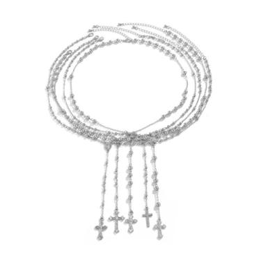Imagem de GRUOR Conjunto de colar com cruz de Virgem Maria para mulheres, colares longos em camadas delicadas, colar de crucifixo de corrente em Y ajustável, joias de contas de oração católica religiosa para