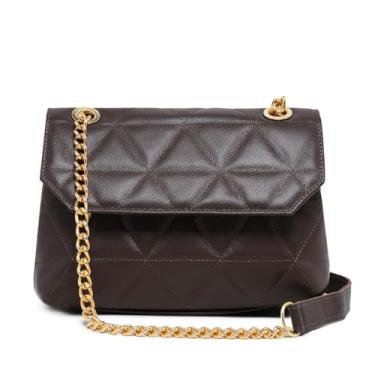 Imagem de Bolsa Feminina Marrom De Couro Legitimo Alça Corrente Dourada De Ombro Lado Moda Festa Casual Balada Bordado Triangulo
