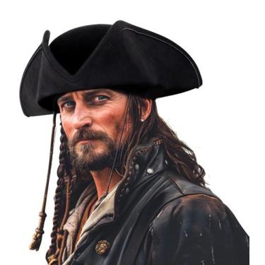 Imagem de Chapéu pirata UQJE Authentic Black Leather Tricorn para adulto