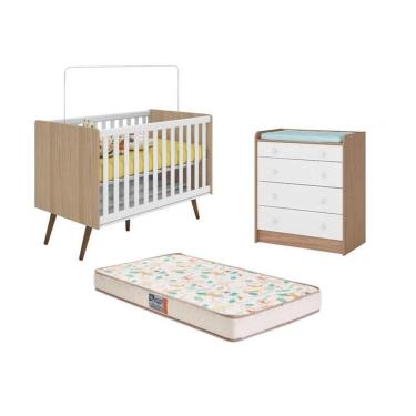 Imagem de Berço Mini Cama Retro, Colchão e Cômoda Carvalho/Branco