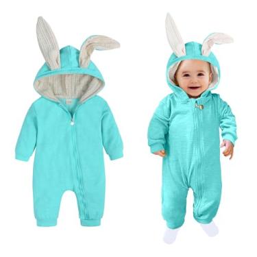Imagem de AGQT Fantasia de coelho para bebês meninos 1ª Páscoa traje de animal de Halloween macacão de uma peça macacão de orelha de coelho bodies com capuz azul claro tamanho 18-24 meses