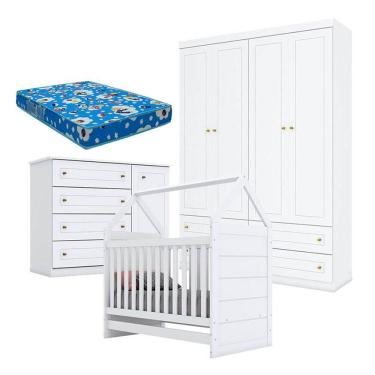Imagem de Quarto De Bebê Mississipi 4 Portas Com Berço Montessoriano Americano Branco E Colchão Ortobom