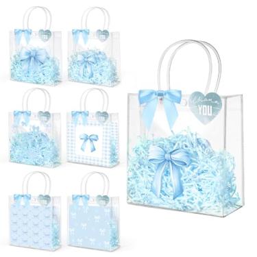 Imagem de Sweetude Conjunto de 24 sacos de presente transparentes de laço azul com alça 20 x 20 x 7 cm, lindas sacolas plásticas reutilizáveis com laços de fita para casamento, aniversário, chá de bebê