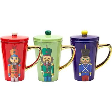 Imagem de Caneca decorativa festiva de Natal The Nutcracker com tampa - Cerâmica segura para micro-ondas/lava-louças - 473 ml canecas de café de feriado, chocolate quente, gemada - Merry X-Mas, Ação de Graças, xícara de inverno (azul)