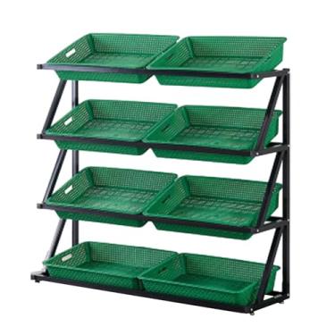 Imagem de Suporte de armazenamento de produtos com cesta de imitação de vime, rack de exibição de supermercado verde para frutas vegetais, cebola, batata, lanche, economia de espaço (tamanho: 4 prateleiras