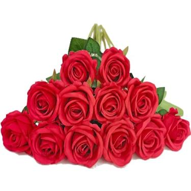 Imagem de LA.PONEE 12 peças de rosas vermelhas falsas flores vermelhas artificiais, rosas falsas de seda com hastes para centros de mesa de casamento, buquês de noiva, decorações de casa, dia dos namorados e