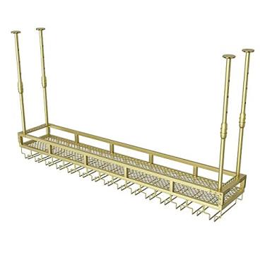 Imagem de Rack de vidro de vinho suspenso no teto industrial com suporte e prateleira de vidro, rack de vinho de barra de altura e largura ajustáveis, suporte de garrafa de vinho pendurado em metal (cor: ouro