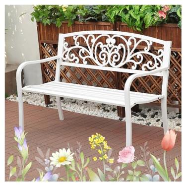 Imagem de Banco de jardim externo de 138 cm, banco de jardim com moldura de metal de ferro fundido com corrimãos curvos e encosto padrão, bancos de pátio para ambientes externos, para gramado, piquenique
