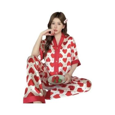 Imagem de Conjunto De Pijama Feminino De Verão Em Seda Gelada, Manga Curta, Caim
