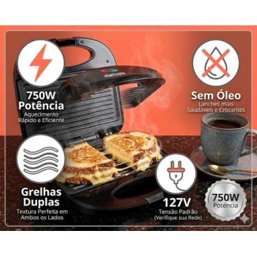 Imagem de Sanduicheira Grill Elétrica 2 Em 1 Antiaderente Prensa Dupla 750W 127V