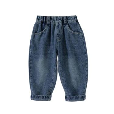 Imagem de Yueary Calça jeans básica para bebês meninas meninos calça jeans cintura elástica bolso grosso casual calças de moletom quentes, Azul, 110/3-4 Y