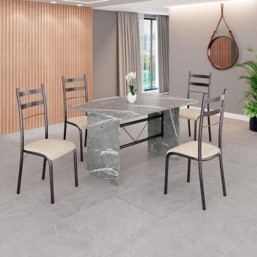 Imagem de Conjunto Sala de Jantar Mesa Retangular 120x75cm Tampo Granito Topázio 4 Cadeiras Marselha Creme / Mart Prata
