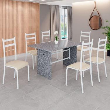 Imagem de Conjunto Sala de Jantar Mesa Retangular 140x75cm Tampo Granito Ocre 6 Cadeiras Marselha Creme / Branco