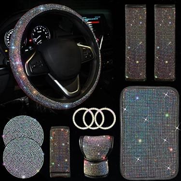 Imagem de JINGSEN Conjunto de 11 peças de acessórios de carro brilhantes para mulheres, capa de volante com ajuste universal de 38 cm, capa de console central de strass (multicolorida)