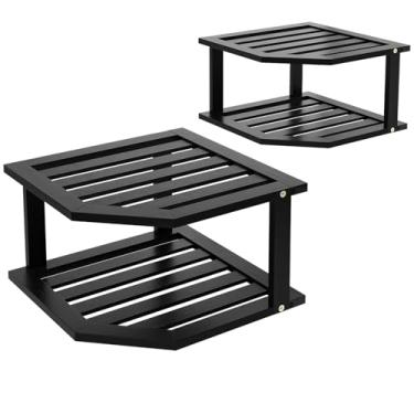 Imagem de VERTORGAN Prateleira de canto de bambu (pacote com 2), organizador de placas de 2 camadas para armário e bancada, prato de despensa e suporte de especiarias para cozinha (preto)