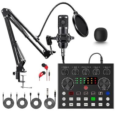 Imagem de KOKITEA Conjunto de equipamentos de podcast, kit de microfone BM-800 com placa de som ao vivo, braço de tesoura de suspensão de microfone ajustável, suporte de choque de metal e filtro pop de camada dupla para gravação e transmissão de estúdio (V8S)