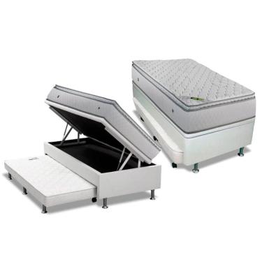 Imagem de Cama Box Baú C/auxiliar Solteiro: Colchão Molas Luckspuma Masterpocket Luck Spring + Box Crc Courano Branco(88x188)