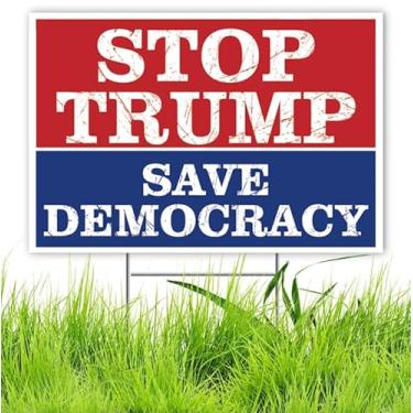 Imagem de Placa Stop Trump Save Democracy Yard para resistir ao ódio placa de gramado anti trunfo placa dupla face plástico ondulado externo à prova de intempéries placas com estaca H 45 x 30 centímetros