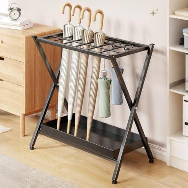 Imagem de FORRTY Suporte De Guarda-Chuvas Grande – Organizador Dobrável Com 18 Divisórias, Ganchos E Bandeja De Drenagem, Cesto Metálico Para Entrada, Escritório, Hotel, Loja, Economia De Espaço(Preto)