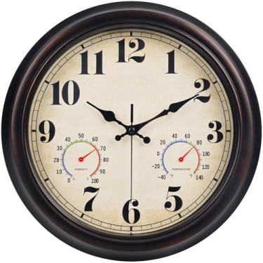 Imagem de 45MinST Relógio de parede vintage à prova d'água vermelho-marrom de 33 cm com termômetro e higrômetro, numerais silenciosos grandes e cronometragem precisa para ambientes internos e externos (jardim