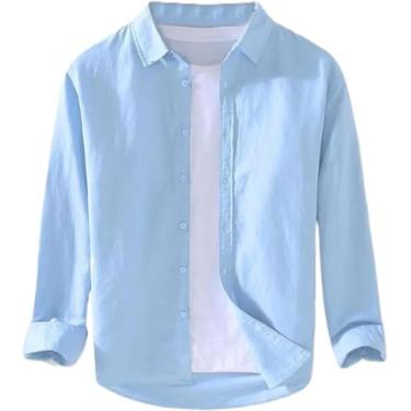 Imagem de Camisa Masculina Respirável Casual Gola Virada Para Baixo Praia Algodão Linho Camisa Masculina Manga Longa Sólida, Sky Blue, M