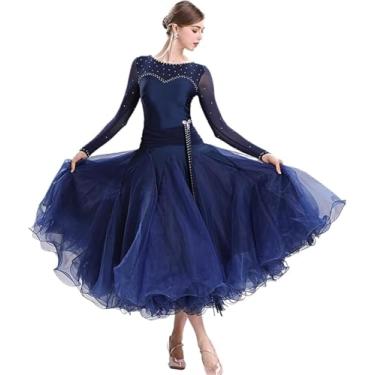 Imagem de Vestido De Dança De Salão Feminino Elegante Vestido De Dança De Salão Padrão Nacional Traje De Competição Moderno Big Swing Mulheres Valsa Dacing Roupas Roupa De Palco, Blue1, XL