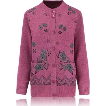Imagem de Mãe Idosa De Meia-idade Cardigan Camisola De Malha - Camisola De Malha Cardigan Outono Inverno Casual Single Breasted Jacket Moda Feminina Tops Outwear, Rose Red, 4XL