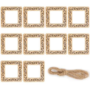 Imagem de AUEAR Pacote Com 10 Mini Molduras De Madeira Sem Acabamento, Recortes Corda Juta Para Artesanato Faça Você Mesmo, Decoração Pendurada (Quadrada)