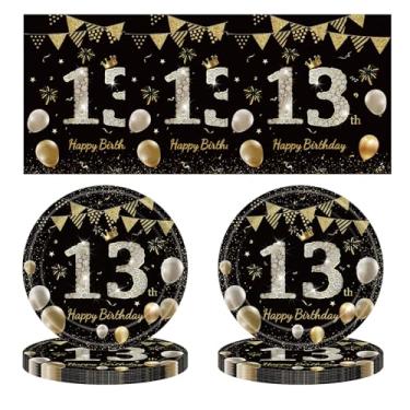 Imagem de Conjunto de utensílios de mesa para festa de aniversário de 13 anos, guardanapos e pratos, preto e dourado, decorações de festa temáticas de 13 anos para meninos e meninas, pratos e guardanapos pretos