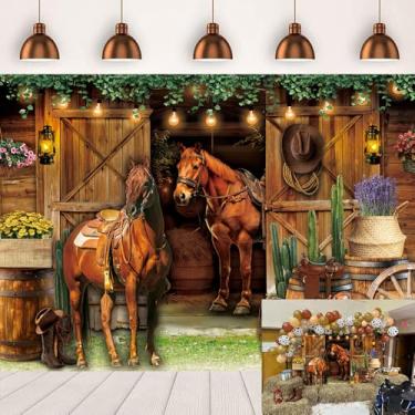 Imagem de Pano de fundo de cowboy ocidental do oeste retrô casa de cavalo de madeira porta de celeiro fotografia tema cowboy adultos crianças faixa de festa de aniversário decoração suprimentos (18 x 1,5 m)