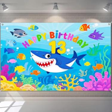 Imagem de BlissYard Faixa de feliz aniversário de 13 anos, tema submarino, decoração de aventura oceânica, fundo fotográfico com peixe tubarão sorridente, para crianças, meninos, meninas, 180 x 109 cm