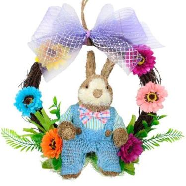 Imagem de Guirlanda Artesanal Enfeite Páscoa Coelhinho Palha Florida 25cm - Gici