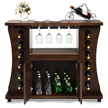 Imagem de Aparador de buffet rolante armário de armazenamento de barra de madeira com rack de vinho e suporte de vidro (cor: marrom, tamanho: 110,5 cm x 39,4 cm x 91,4 cm) (marrom 110,5 cm x 39,4 cm x 91,4 cm)
