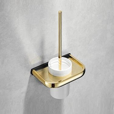 Imagem de Kit de acessórios de banho preto dourado suporte de lenços de banheiro, escova de banheiro, gancho de casaco, suporte para celular, suporte para secador de cabelo, kit de acessórios de banheiro