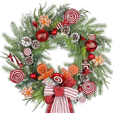 Imagem de Guirlanda de Natal grande para porta da frente com laço, enfeites de pinhas para homens de gengibre, guirlanda de pinheiro norfolk de 61 cm, guirlandas artificiais verdes para ambientes internos e