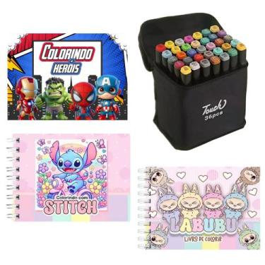 Imagem de Kit 3 Livros De Pintura Personagens Stitch Labubu Herois + 36 Canetinh