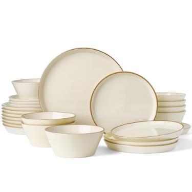 Imagem de Famiware Conjunto de louça Saturn de grés para 8 (24 peças), pratos e tigelas de cerâmica com acabamento pintado à mão – resistente a lascas e arranhões, pode ir ao micro-ondas e à lava-louças, branco